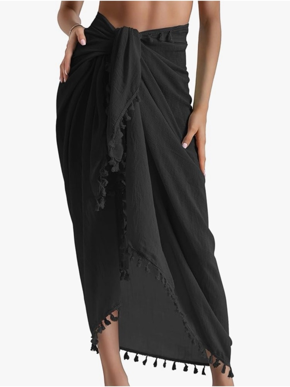 Black Tassel Sarong Cover Up Multi Way Wrap Skirt Dress Beach Resort | Size O/S - Picture 6 of 12